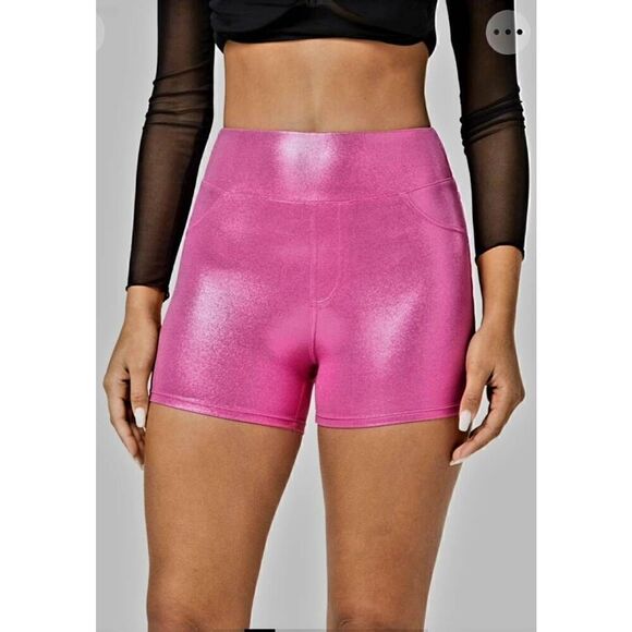 NWT SOFTLYZERO FAUX LEATHER HIGH WAISTED METALLIC FOIL PRINT STRETCHY CASUAL BIK - Picture 6 of 7